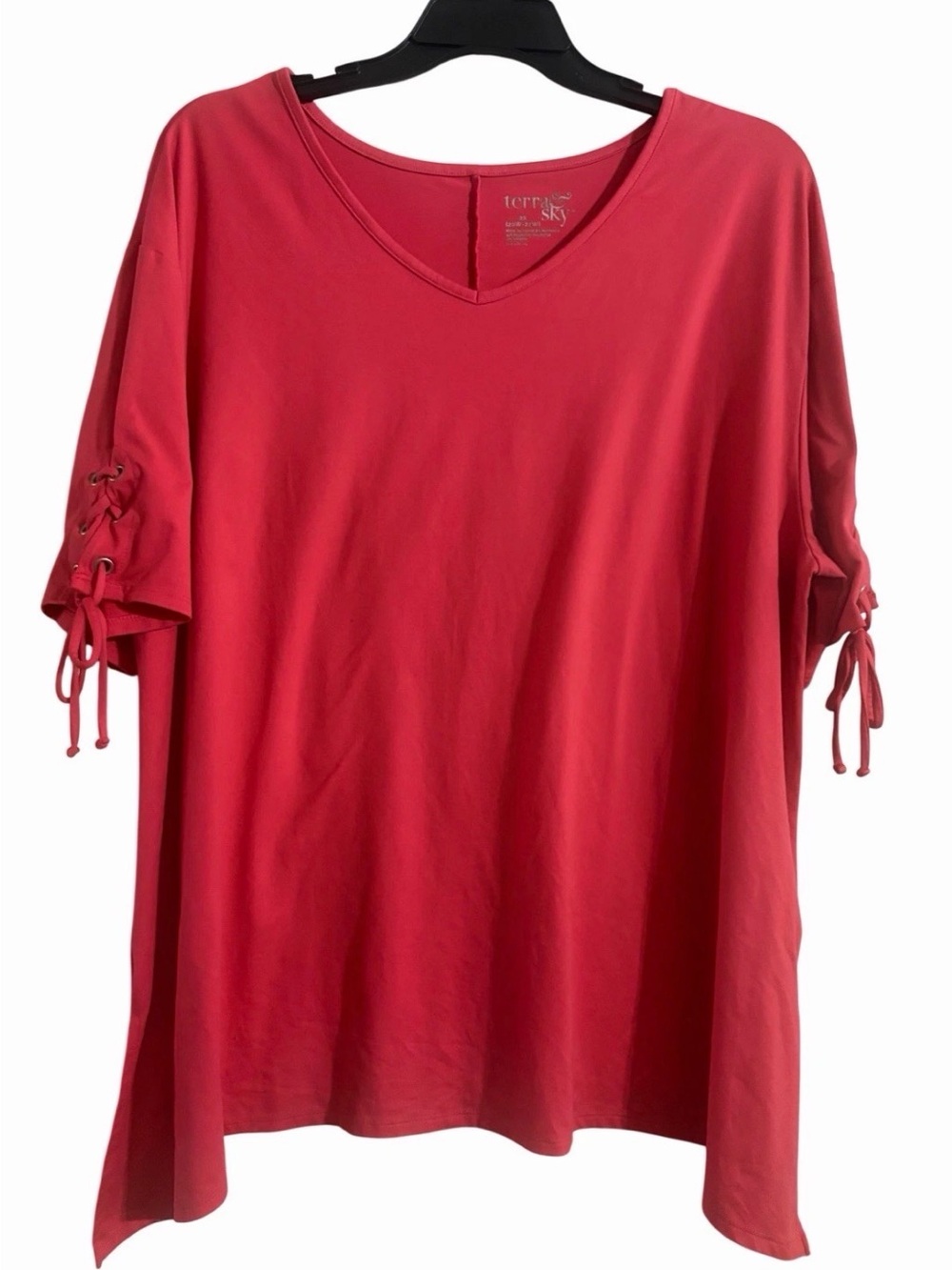 Terra & Sky Plus Size 2X (20W/22W) Coral Tunic Lace Up Sleeves V Neck Side Slits